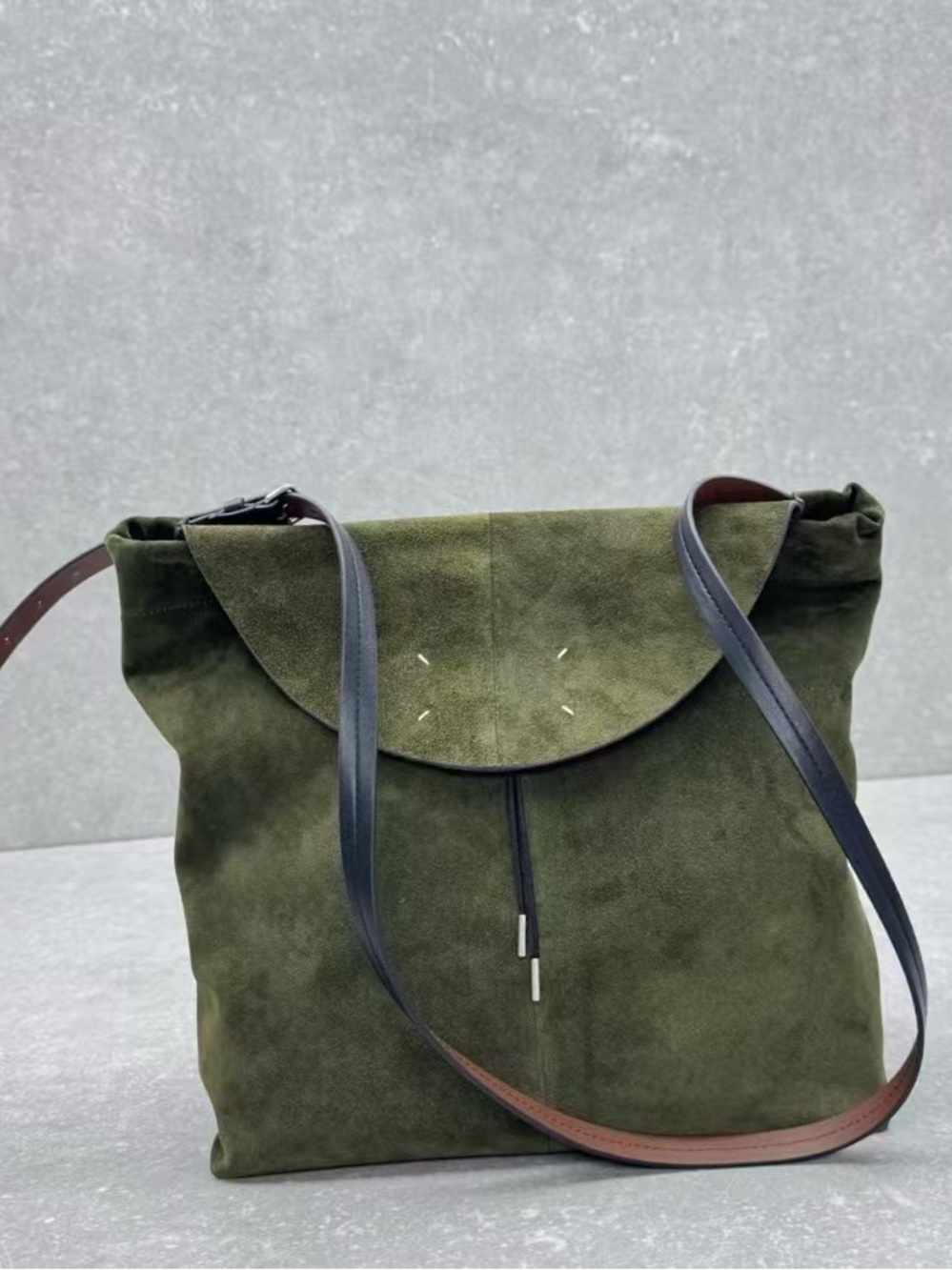 Olive Suede Flap Shoulder Bag with Contrast Strap